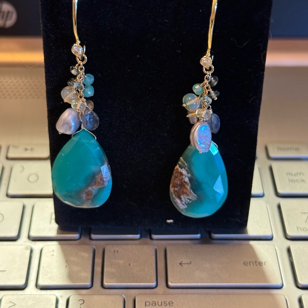 Saks Fifth Avenue Gold Earrings with Teal Accents